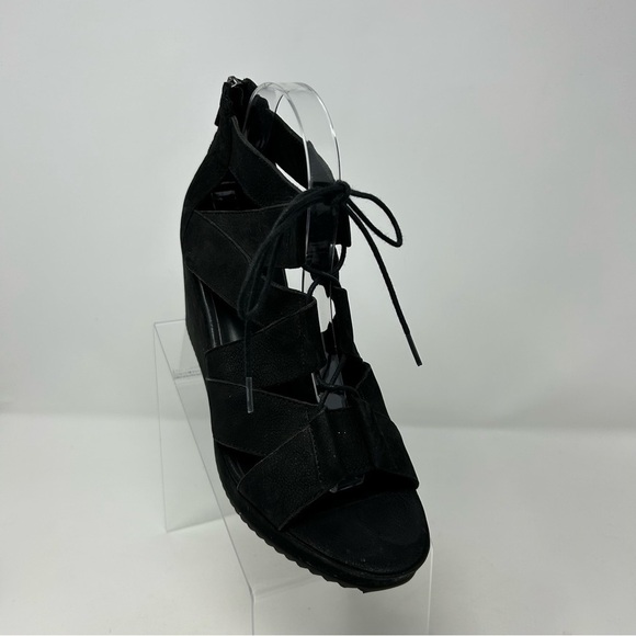 Eileen Fisher Black Lace Up Strappy Wedge Sandals Open Toe Size 9 Back Zipper - Picture 2 of 12